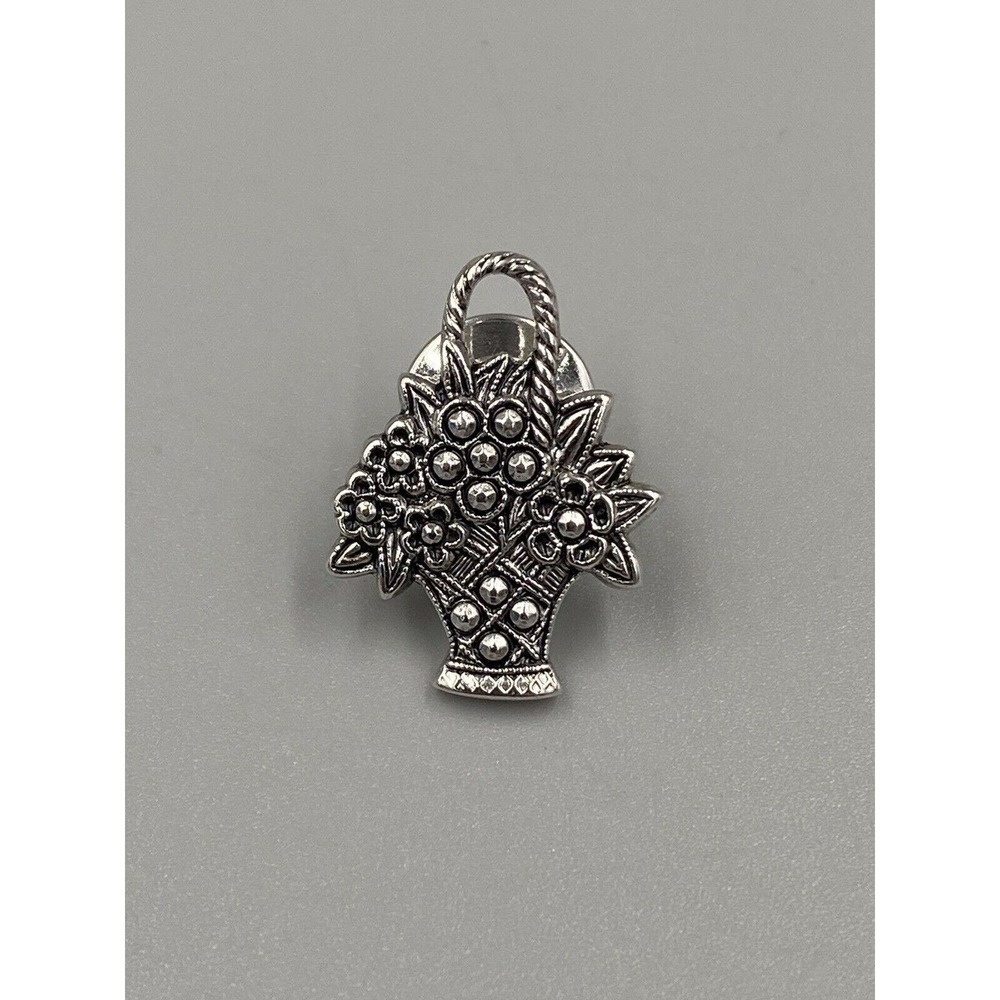Vintage Avon Signed Silver Colored Floral Basket Lapel Pin Brooch